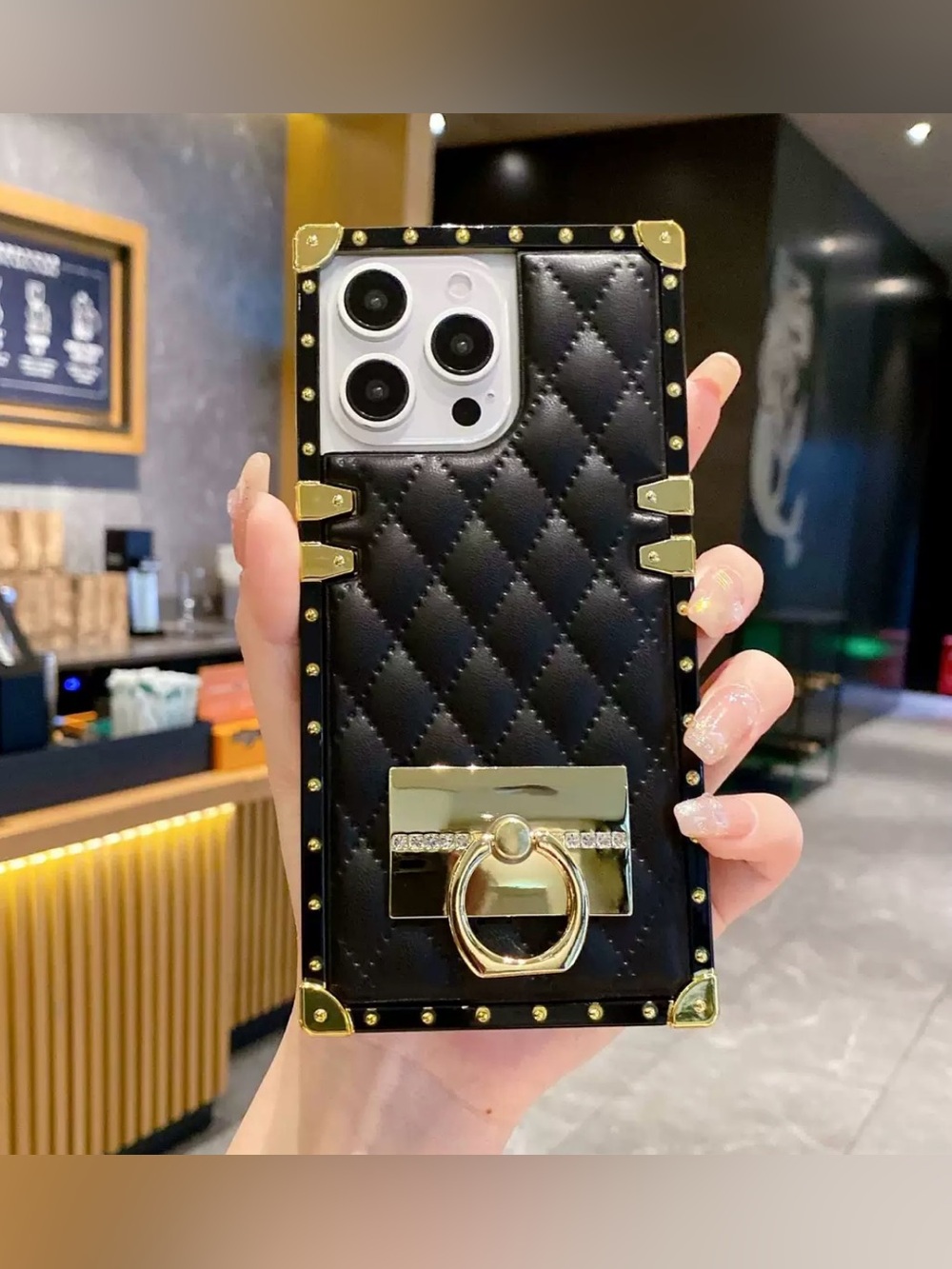Luxury Black Quilted Ring Holder Case for iPhone 16 Pro Max